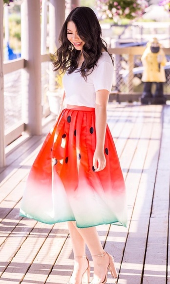 New Watermelon Printed Midi Box Pleat Skirt - Picture 4 of 8